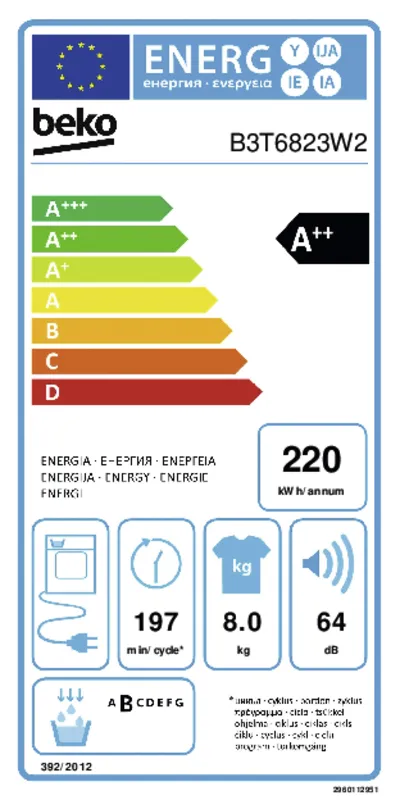 Beko B3T6823W2 energielabel