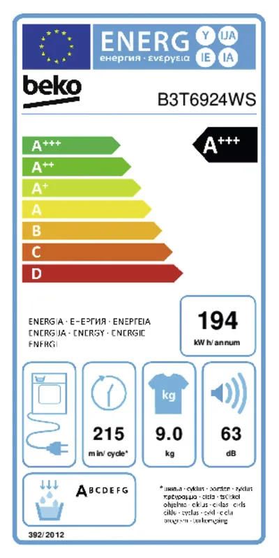 Beko B3T6924WS energielabel