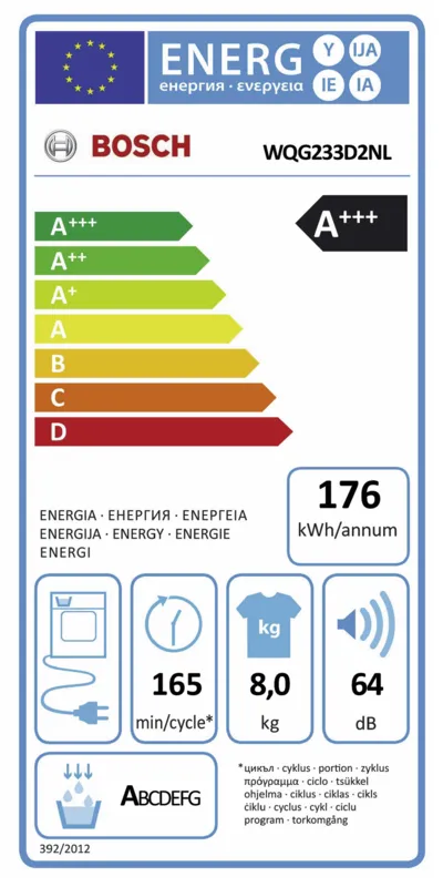 Bosch WQG233D2NL Exclusiv energielabel