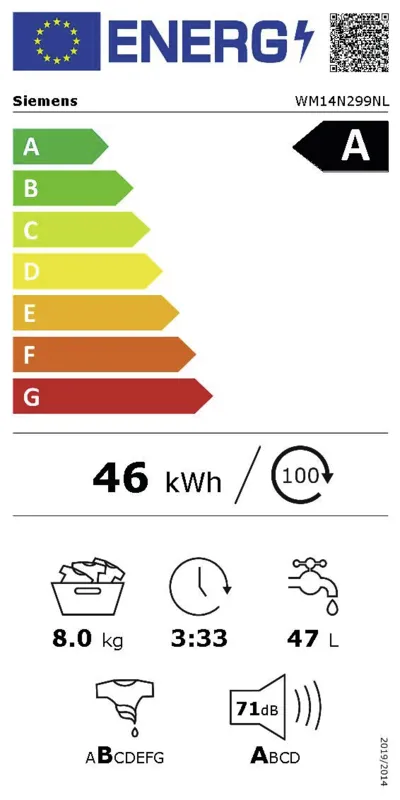 Siemens WM14N299NL ExtraKlasse energielabel