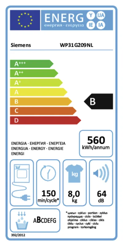 Siemens WP31G209NL ExtraKlasse energielabel