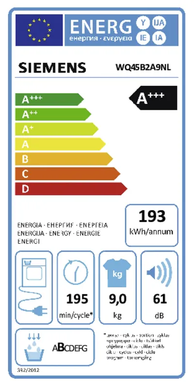 Siemens WQ45B2A9NL ExtraKlasse energielabel